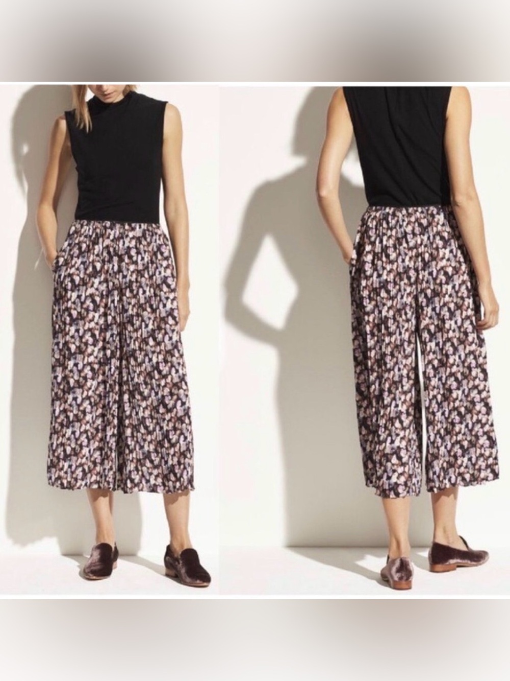 Vince Micro Painted Floral Pleated Culottes Pants - Picture 3 of 11